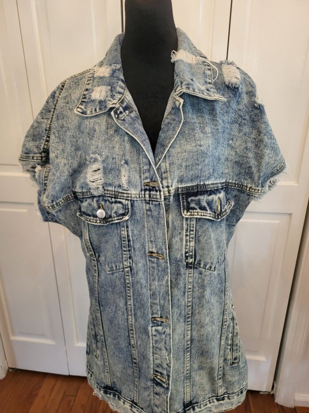 Acid Washed Short Sleeve Denim Jacket Distressed L Grunge Western Streetwear